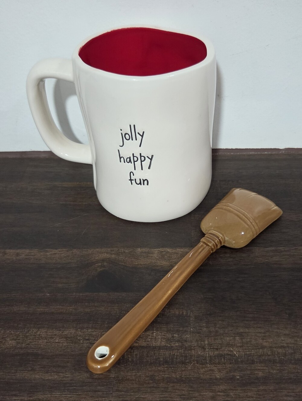Rae Dunn X Frosty Ceramic Mug with Red Interior — 'jolly happy fun'